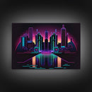 Retro Style Synthwave Wireframe City, Outrun Style, Framed Canvas Print, 80s Vibes Art