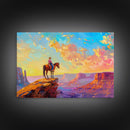 Western Art Print, Vintage / Retro Cowboy Wall Art, Framed Canvas or Metal Art, Midcentury Modern Watercolor Painting, Cowboy at Sunset