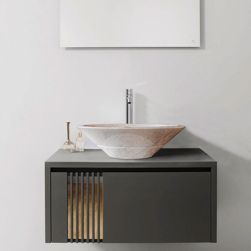 Crema Marfil Marble Natural Stone V-Shape Tapered Above Vanity Bathroom Sink High-Gloss Polished (D)16" (H)6" installed bathroom above brown vanity chrome faucet and rectangular mirror