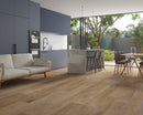 SPC Vinyl Rigid Core 7" Width 60" RL, 7mm Thick, 1.5mm IXPE Crowned Hazel, Meraki Floors - Mazzia Collection living room view 3