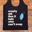 Crusty Old Gen X Lady Who Can't Even Keychain and Tote Bag Bundle | Motel Style Keyholder and Black Canvas Tote