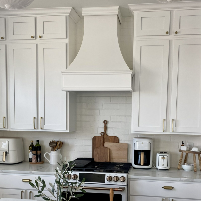 White Wood Range Hood With Curved Front and Decorative Trim - 30" 36" 42" 48" 54" and 60" Widths Available