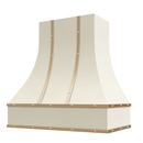 Antique White Range Hood With Curved Front, Brass Strapping and Buttons - 30", 36", 42", 48", 54" and 60" Widths Available