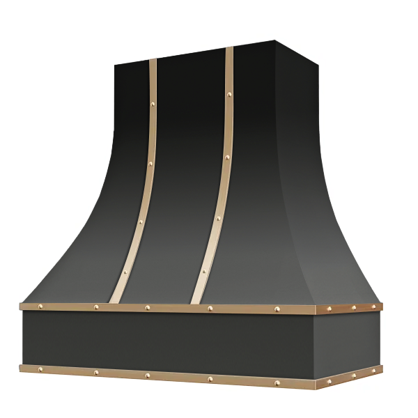 Black Range Hood With Curved Front, Brass Strapping and Buttons - 30", 36", 42", 48", 54" and 60" Widths Available