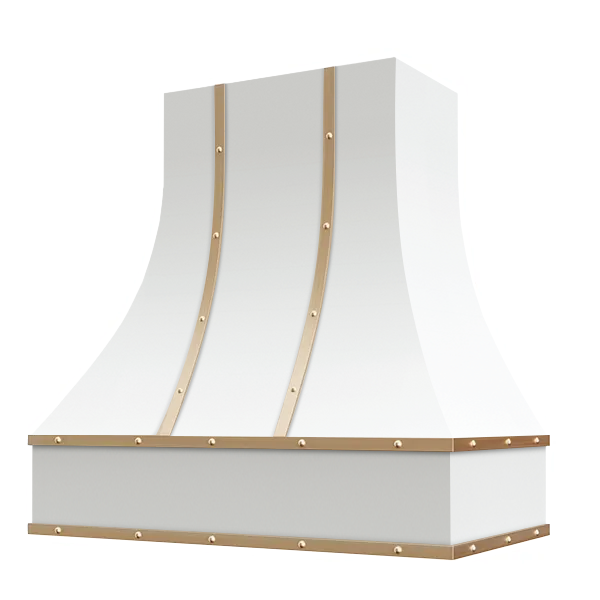 White Range Hood With Curved Front, Brass Strapping, Buttons and Block Trim - 30", 36", 42", 48", 54" and 60" Widths Available