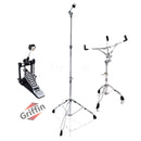 Drum Hardware Kit (3 Piece Set) by GRIFFIN - Kick Drum Pedal, Snare Stand & Straight Cymbal Stand - Deluxe Double-Chain Steel Pedal, Slip-Proof Gear Tilter & Clamp Basket Holder