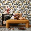 Floral Wallpaper with a Stippled Pomegranate Motif in Yellow and Charcoal - D019