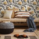 Floral Wallpaper with a Stippled Pomegranate Motif in Yellow and Charcoal - D019