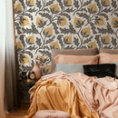 Floral Wallpaper with a Stippled Pomegranate Motif in Yellow and Charcoal - D019