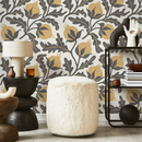 Floral Wallpaper with a Stippled Pomegranate Motif in Yellow and Charcoal - D019