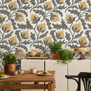 Floral Wallpaper with a Stippled Pomegranate Motif in Yellow and Charcoal - D019