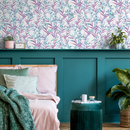 Botanical Wallpaper with Delicate Climbing Florals in Purple and Teal - D032