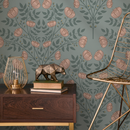 Vintage Floral Wallpaper with an Arts and Crafts Motif in Green and Pink - D037