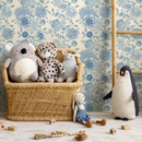 Vintage Floral Wallpaper with a Toile Motif in Blue and Cream - D052