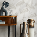 Bird Wallpaper with a Hand-Drawn Crane Motif in Greige - D059