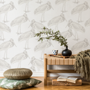 Bird Wallpaper with a Hand-Drawn Crane Motif in Greige - D059