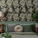 Victorian Wallpaper with a Floral Damask in Green, Teal, and Cream - D080