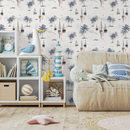 Coastal Wallpaper Featuring Sailboats and Palm Trees in Navy Blue, Beige, and Pink - D095