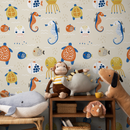 Ocean Wallpaper with Folk Art Sea Creatures in Blue, Orange, and Yellow - D110