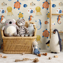 Ocean Wallpaper with Folk Art Sea Creatures in Blue, Orange, and Yellow - D110
