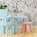 Botanical Wallpaper with a Scandinavian Floral Motif in Pink, Blue, and Black - D114