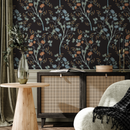 Floral Wallpaper Featuring Elegant Trees in Black, Blue, and Orange - D122