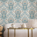 Damask Wallpaper with an Intricate Floral Motif in Teal and Beige - D186