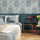 Damask Wallpaper with an Intricate Floral Motif in Teal and Beige - D186