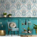 Damask Wallpaper with an Intricate Floral Motif in Teal and Beige - D186