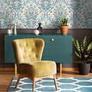 Damask Wallpaper with an Intricate Floral Motif in Teal and Beige - D186