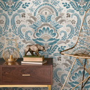 Damask Wallpaper with an Intricate Floral Motif in Teal and Beige - D186