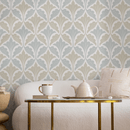 Damask Wallpaper with a Stylized Leaf Motif in Light Blue and Beige - D190