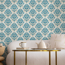 Damask Wallpaper with an Intricate Motif in Blue, Beige, and Cream - D230