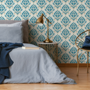Damask Wallpaper with an Intricate Motif in Blue, Beige, and Cream - D230