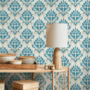 Damask Wallpaper with an Intricate Motif in Blue, Beige, and Cream - D230