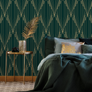 Art Deco Wallpaper with a Geometric Fan Motif in Green and Gold - D243