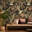 Chinoiserie Wallpaper with Elegant Cranes in Brown, Green, and Rust - D246