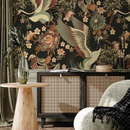Chinoiserie Wallpaper with Elegant Cranes in Brown, Green, and Rust - D246