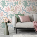 Abstract Wallpaper with Stylized Sun and Palm Shapes in Pink, Green, and Blue - D249