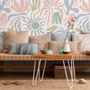 Abstract Wallpaper with Stylized Sun and Palm Shapes in Pink, Green, and Blue - D249