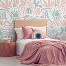 Abstract Wallpaper with Stylized Sun and Palm Shapes in Pink, Green, and Blue - D249
