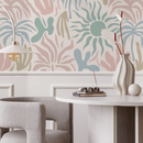 Abstract Wallpaper with Stylized Sun and Palm Shapes in Pink, Green, and Blue - D249