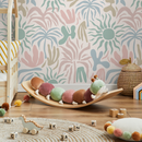 Abstract Wallpaper with Stylized Sun and Palm Shapes in Pink, Green, and Blue - D249