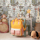 Folk Art Wallpaper with Illustrated Cats and Birds in Red, Green, and Black - D293