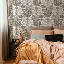 Folk Art Wallpaper with Illustrated Cats and Birds in Red, Green, and Black - D293