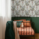 Folk Art Wallpaper with Illustrated Cats and Birds in Red, Green, and Black - D293