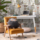 Folk Art Wallpaper with Illustrated Cats and Birds in Red, Green, and Black - D293