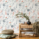 Wildflower Wallpaper with a Delicate Meadow Motif in Blue, Rust, and Green - D317