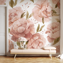 Floral Wallpaper with Large Watercolor Roses in Clay and Green - D322