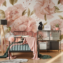 Floral Wallpaper with Large Watercolor Roses in Clay and Green - D322